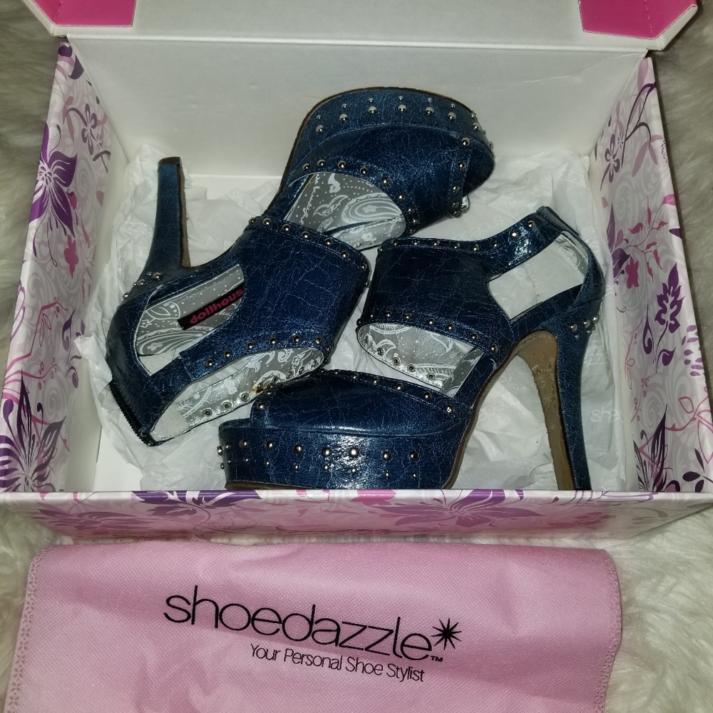 SHOEDAZZLE Blue Silver Stud Platform Heels sz 7.5 Ronnie Zipper Broke
